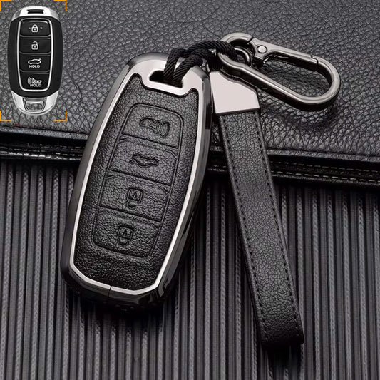 Customizable Leather and aluminum cover with keychain set for Hyundai (4 - Button Keyless) - Kollen US