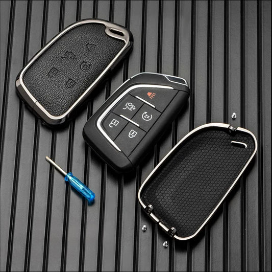 Customizable Leather & Aluminum Key Fob Cover with Keychain for Cadillac (A - 5 - Button) - Kollen US