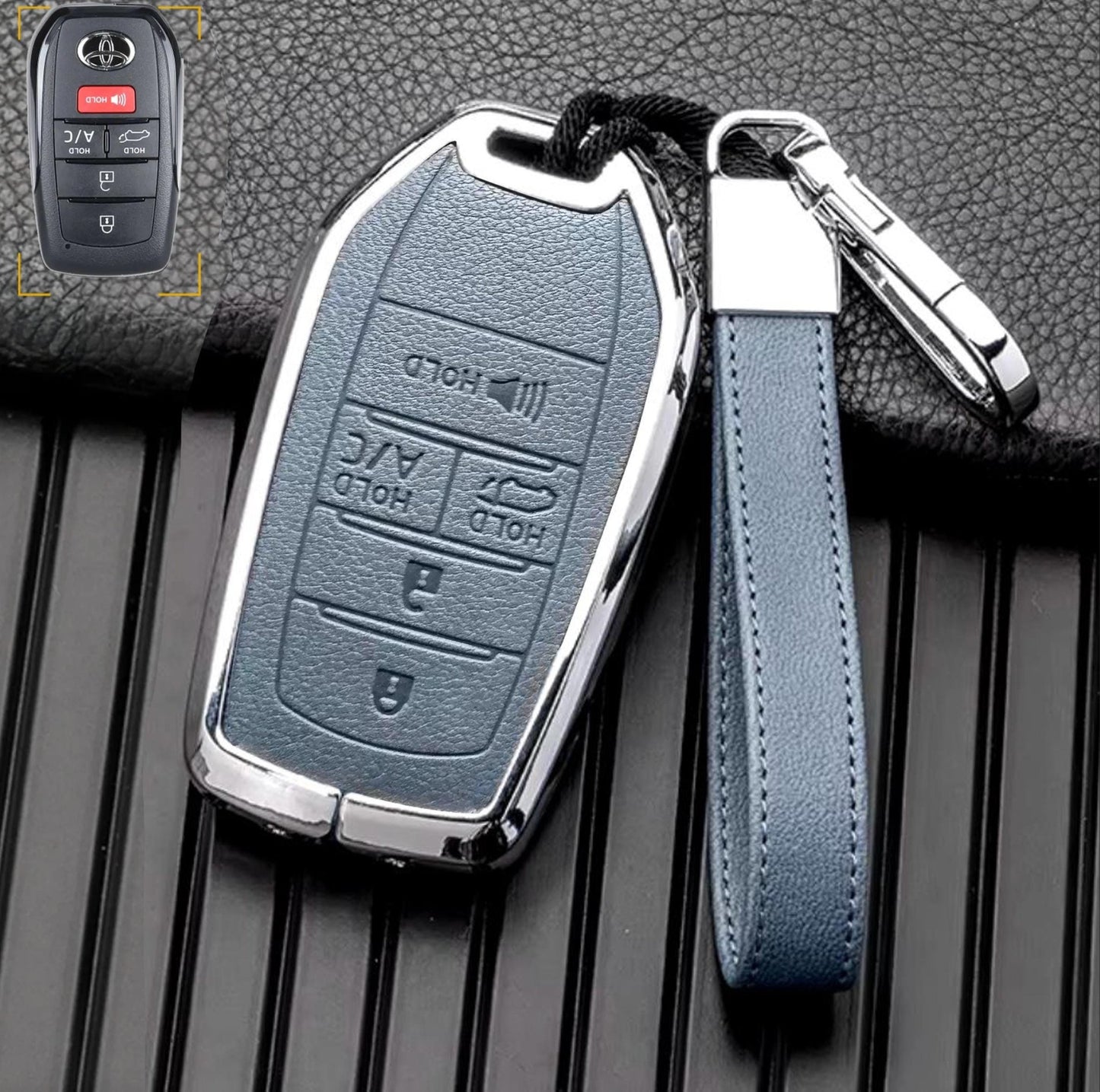 Customizable key fob cover in Leather & Aluminum with Keychain for Toyota Hybrid (5 - Button) - Kollen US