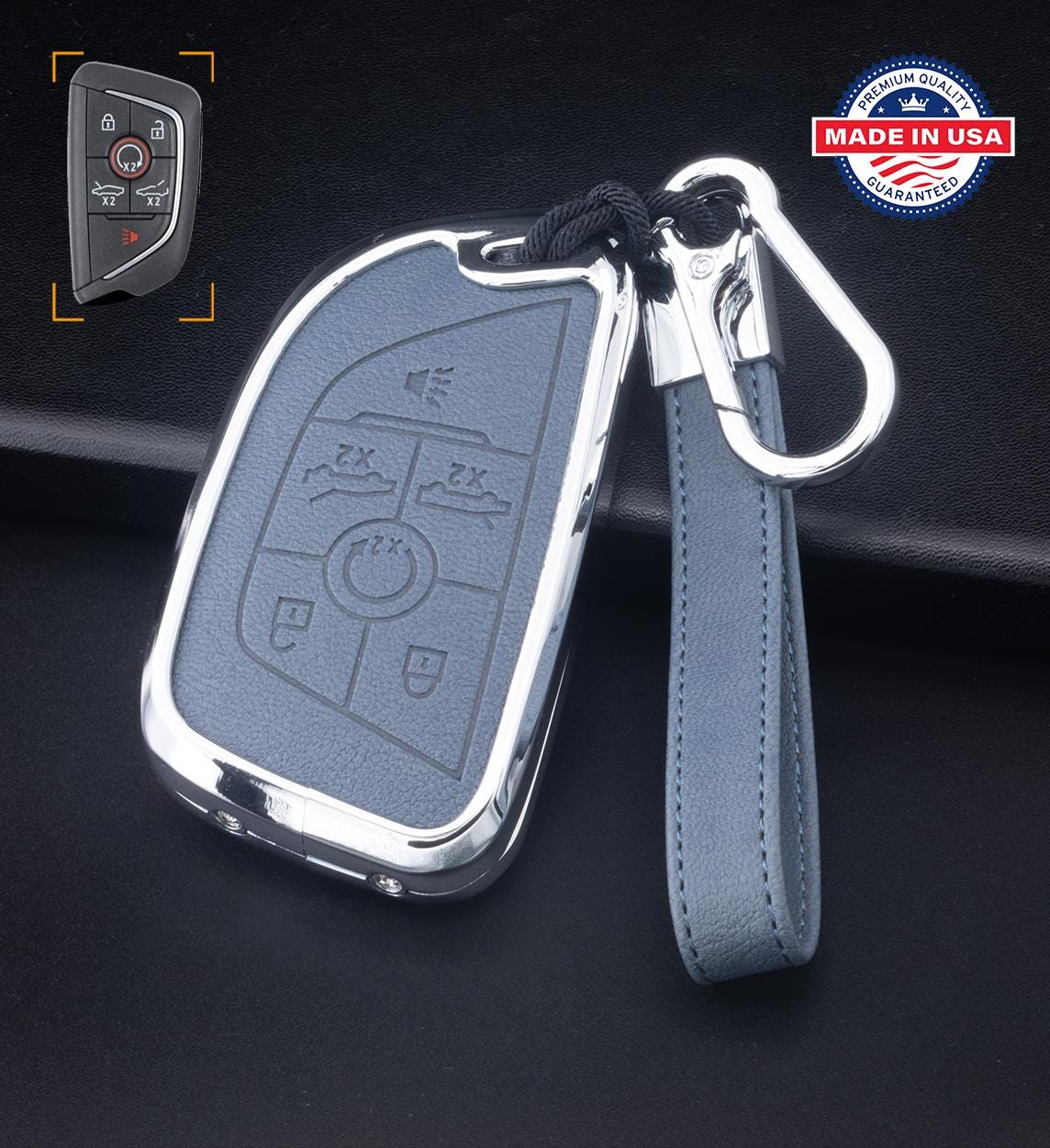 Customizable Leather & Aluminum Key Fob Cover with Keychain for Corvette (6 - Button) - Kollen US