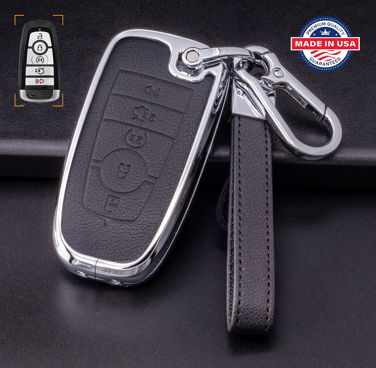 Customizable Leather & Aluminum Key Fob Cover with Keychain for Ford/Lincoln/Bronco (5 - button) - Kollen US