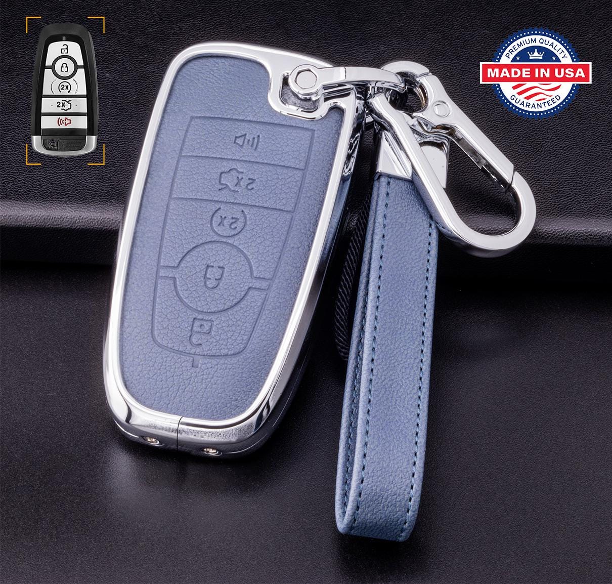 Customizable Leather & Aluminum Key Fob Cover with Keychain for Ford/Lincoln/Bronco (5 - button) - Kollen US