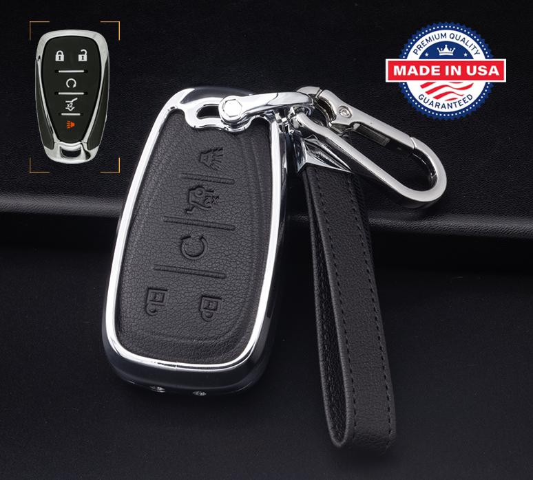 Customizable Leather & Aluminum Key Fob Cover Keychain Protector for Chevrolet - Chevy (5 - Button) - Kollen US