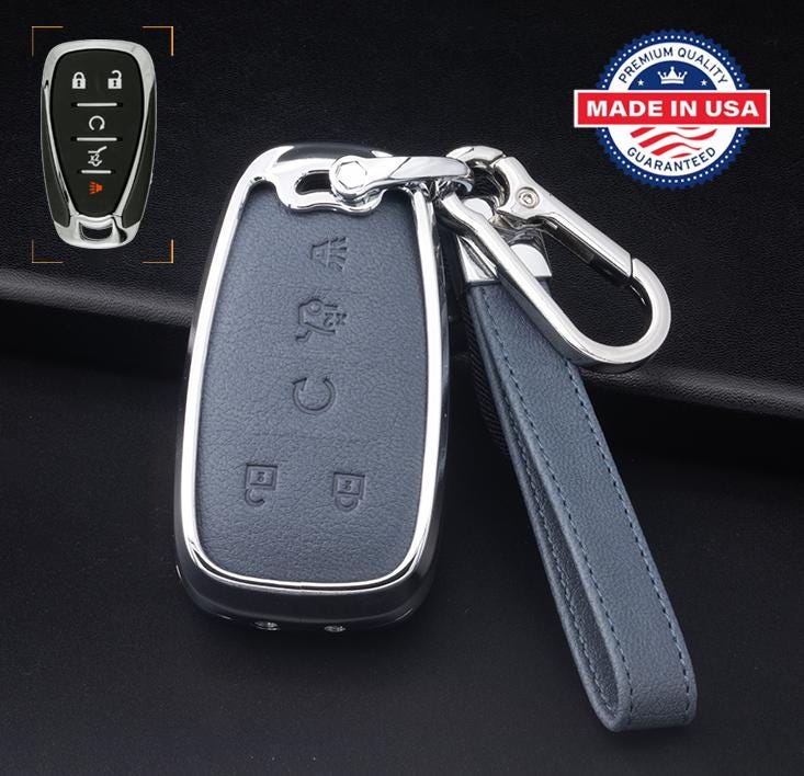 Customizable Leather & Aluminum Key Fob Cover Keychain Protector for Chevrolet - Chevy (5 - Button) - Kollen US