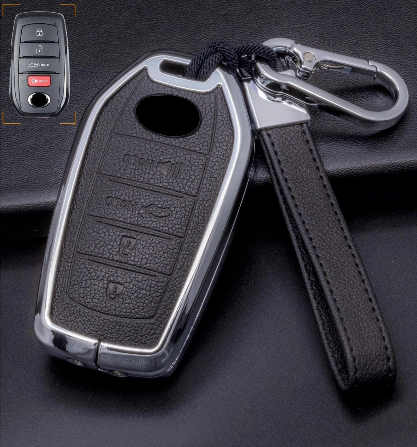 Customizable leather Toyota key fob cover with aluminum shell and keychain, featuring 4-button design by Mestiere Coriaceo.