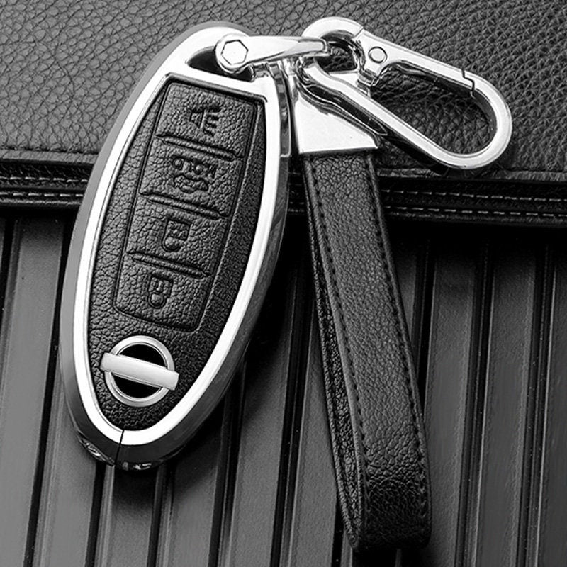 Customizable Leather & Aluminum Key Fob Cover with Keychain for Nissan (4 - Button) - Kollen US