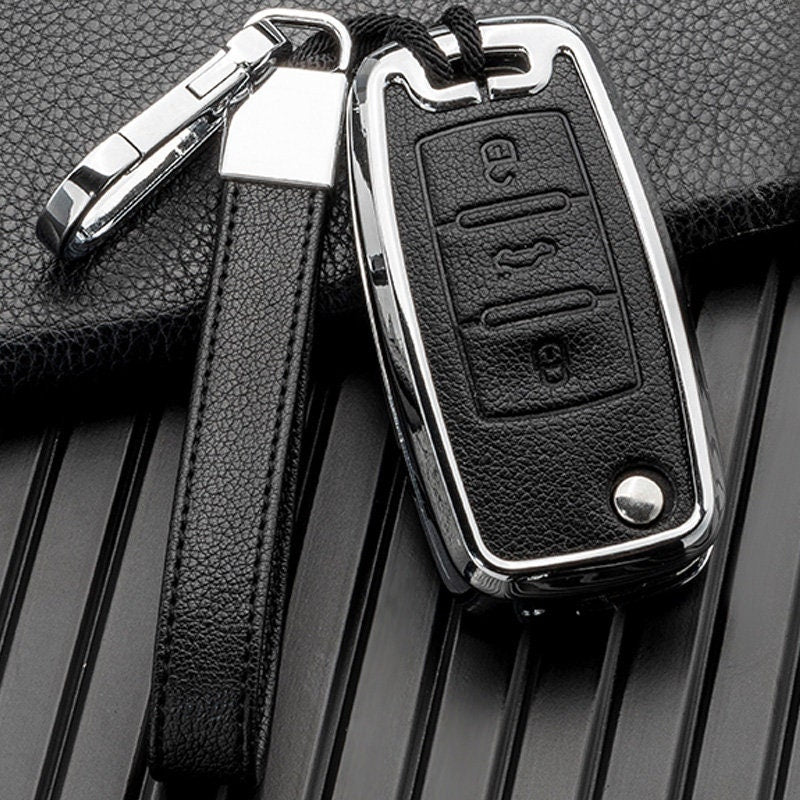 Customizable Leather & Aluminum Key Fob Cover with Keychain for VW Volkswagen (Flip key) - Kollen US