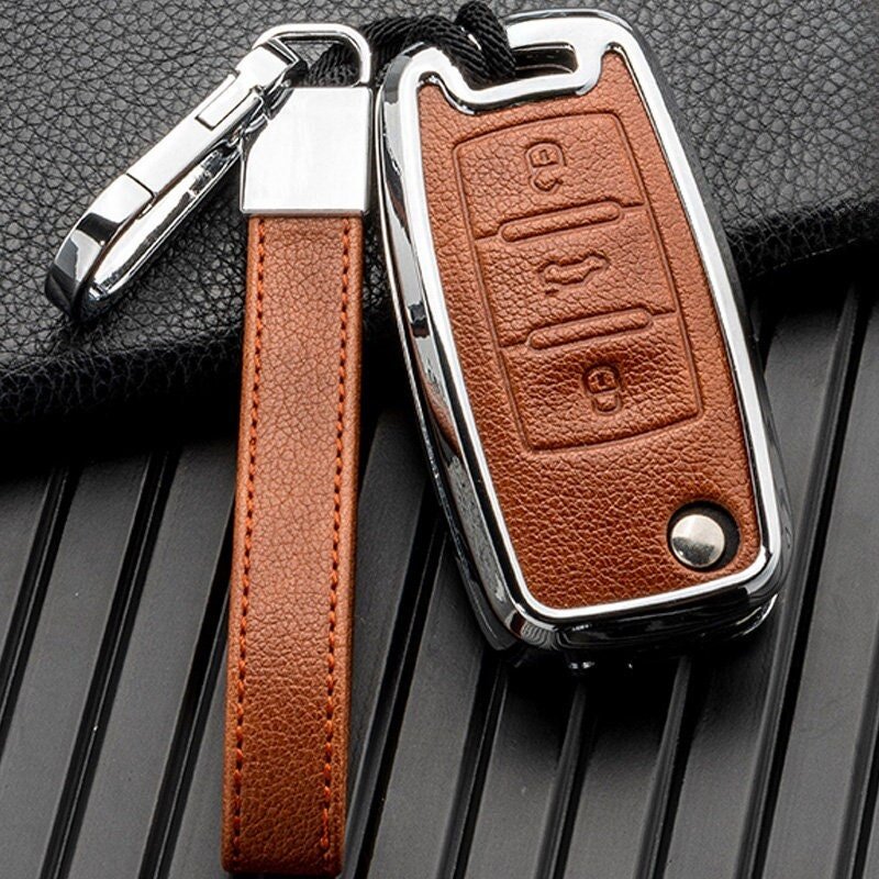 Customizable Leather & Aluminum Key Fob Cover with Keychain for VW Volkswagen (Flip key) - Kollen US