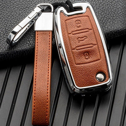 Customizable Leather & Aluminum Key Fob Cover with Keychain for VW Volkswagen (Flip key) - Kollen US