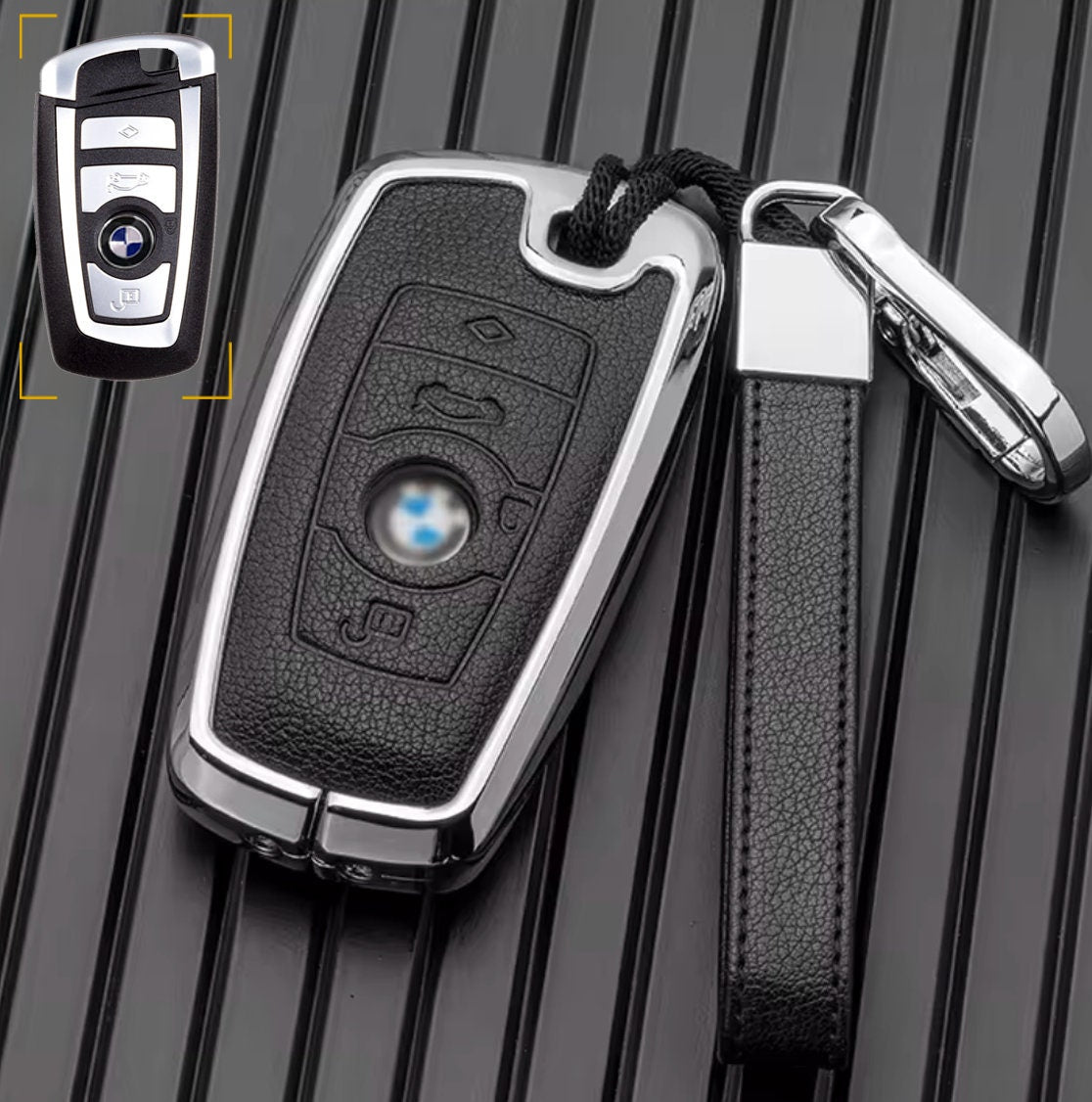Customizable Leather & Aluminum Key Fob Cover Set for BMW with Keychain - Kollen US