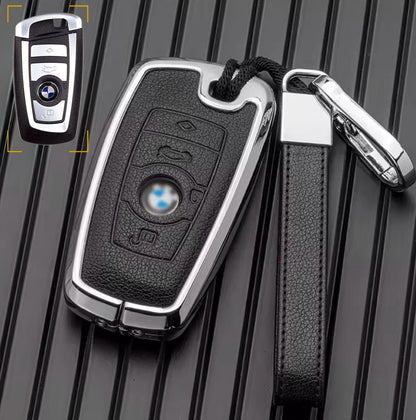 Customizable Leather & Aluminum Key Fob Cover Set for BMW with Keychain - Kollen US
