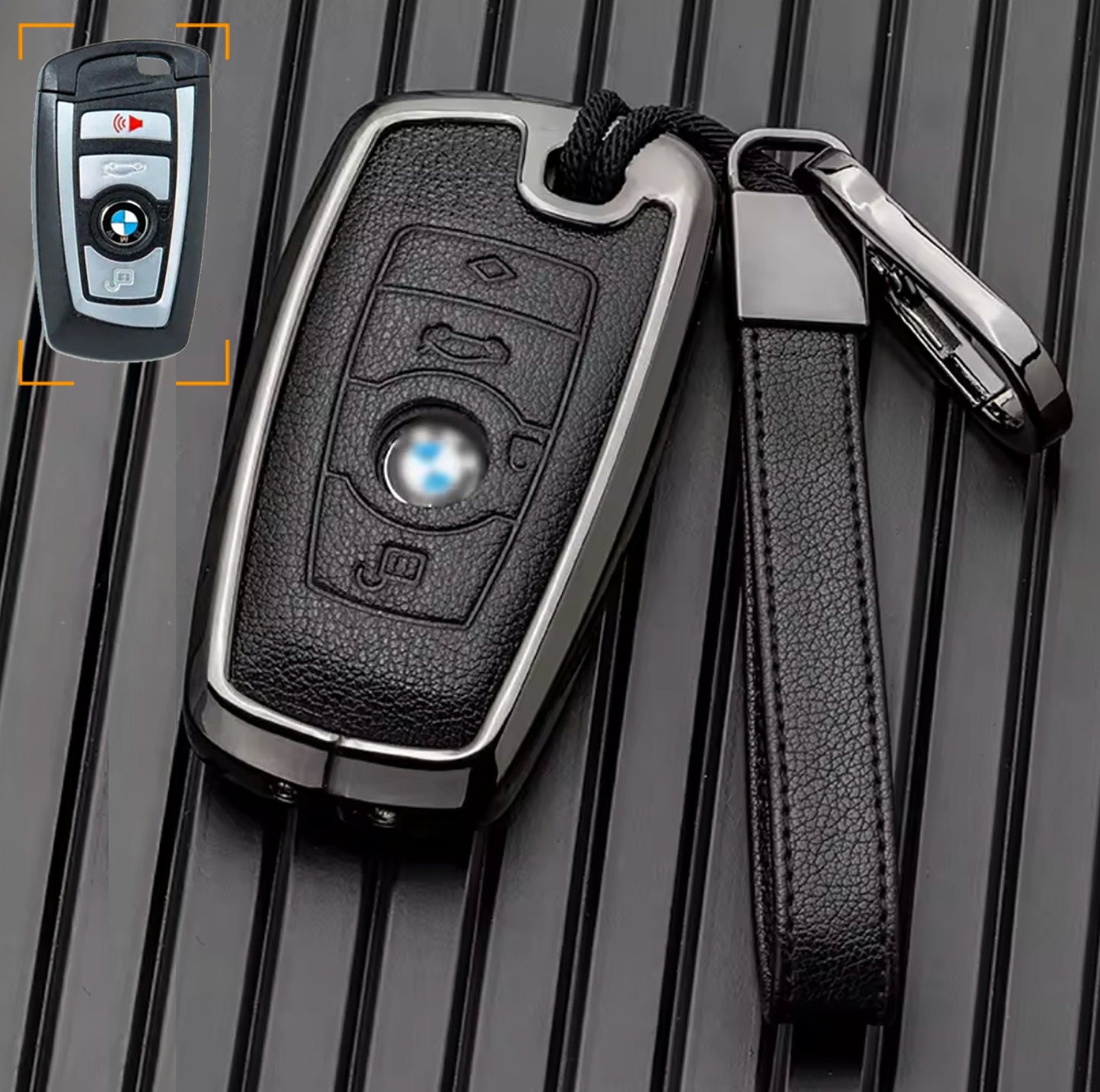 Customizable Leather & Aluminum Key Fob Cover Set for BMW with Keychain - Kollen US