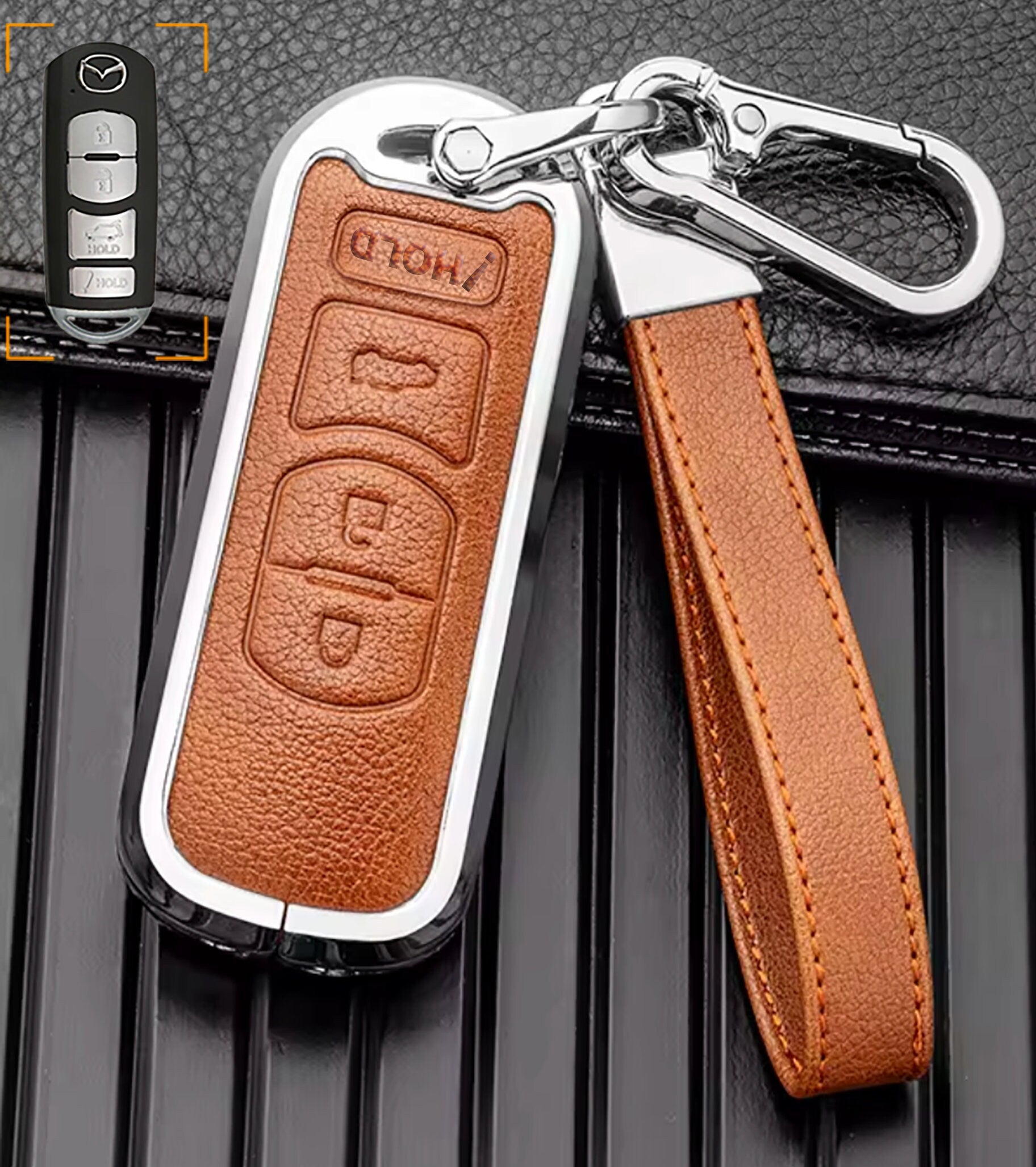 Customizable Leather and aluminum Key Fob Cover with Keychain for Mazda - Kollen US