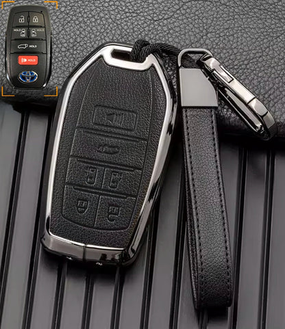 Customizable Leather & Aluminum Key Fob Cover with Keychain for Toyota Sienna and more (6 - button) - Kollen US