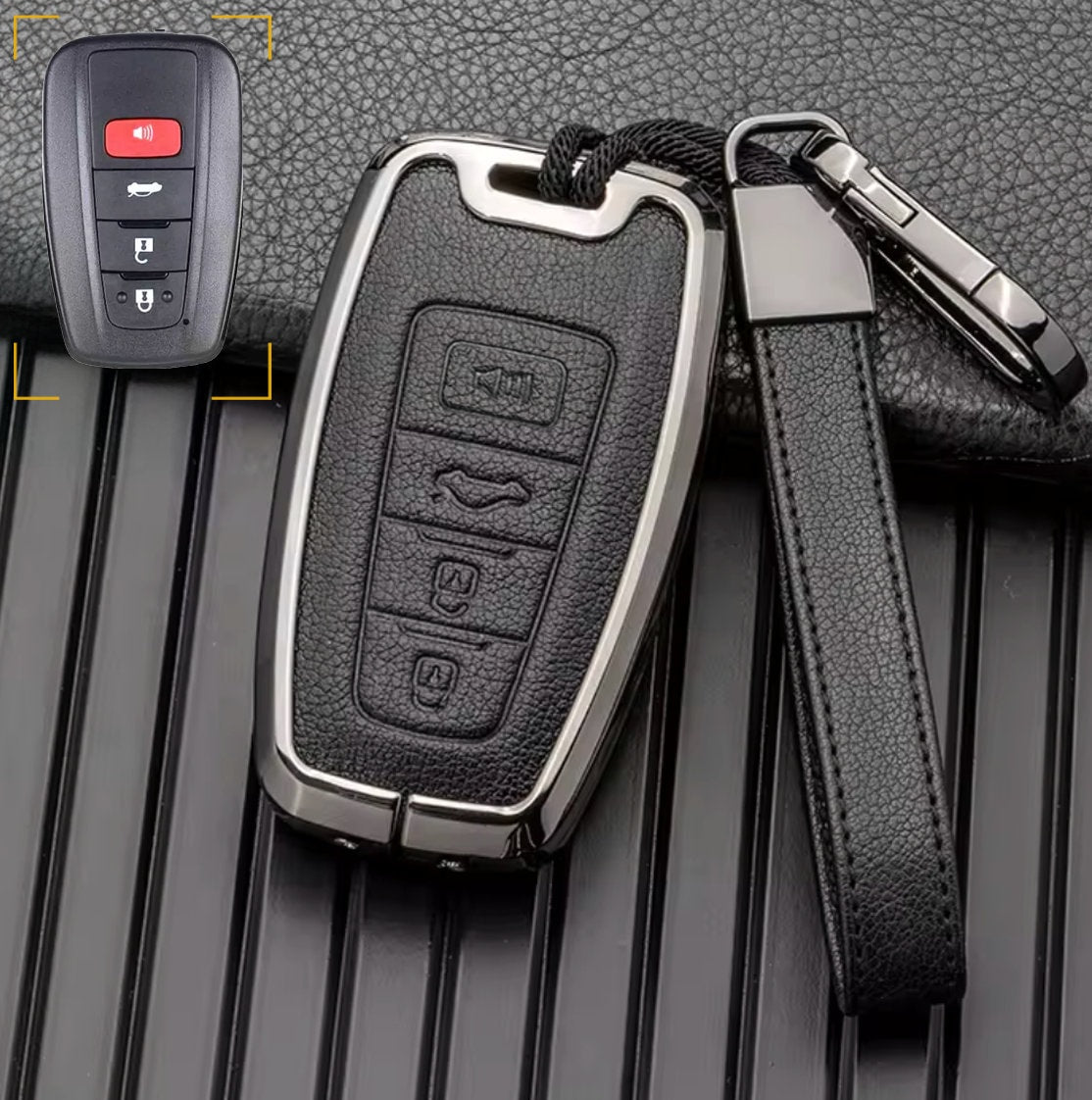 For Toyota - customizable Leather Key Fob Cover with Aluminum Shell & Keychain (4 - Button) - Kollen US