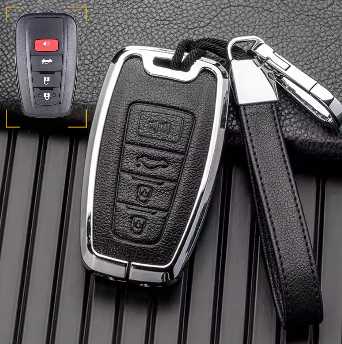 For Toyota - customizable Leather Key Fob Cover with Aluminum Shell & Keychain (4 - Button) - Kollen US