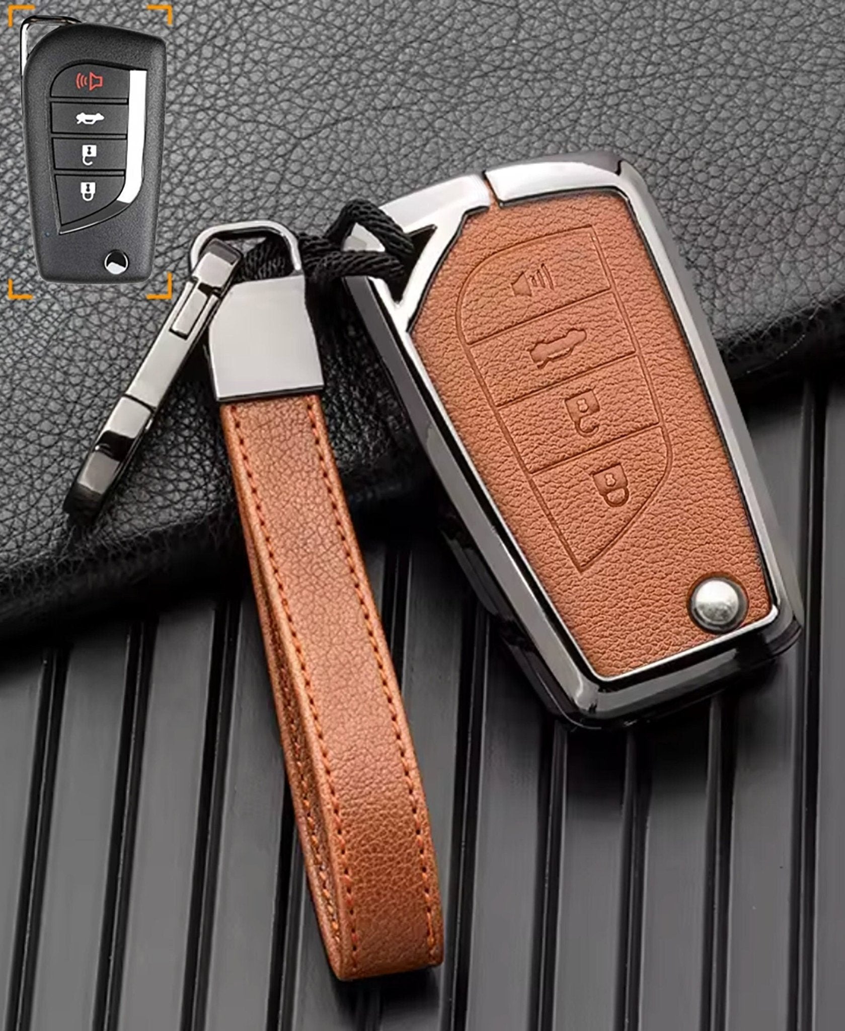 Customizable Leather & Aluminum Toyota Key Fob Cover with Keychain (4 - Button Fob Protector Set) - Kollen US