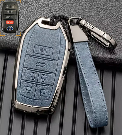 Customizable Leather & Aluminum Key Fob Cover with Keychain for Toyota Sienna and more (6 - button) - Kollen US