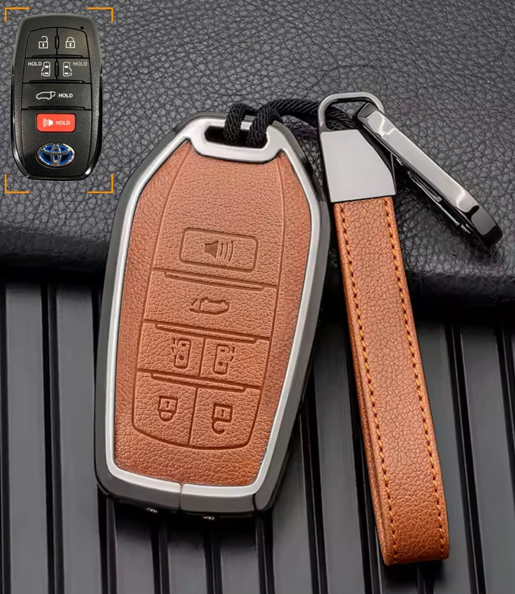 Customizable Leather & Aluminum Key Fob Cover with Keychain for Toyota Sienna and more (6 - button) - Kollen US