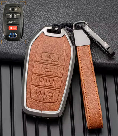 Customizable Leather & Aluminum Key Fob Cover with Keychain for Toyota Sienna and more (6 - button) - Kollen US