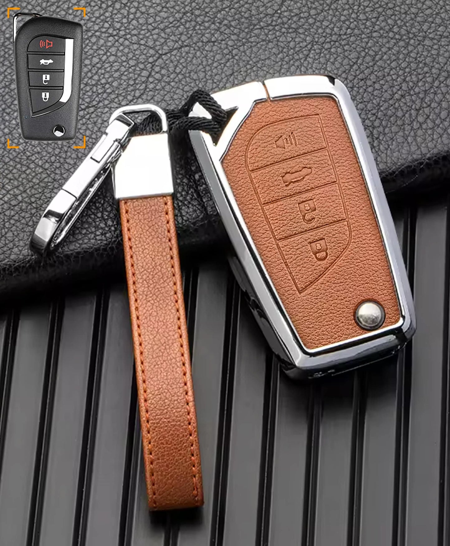 Customizable Leather & Aluminum Toyota Key Fob Cover with Keychain (4 - Button Fob Protector Set) - Kollen US