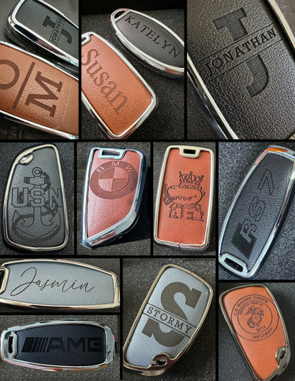 Customizable Leather & Aluminum Key Fob Cover with Keychain set for Corvette Convertible key fob (7-button)