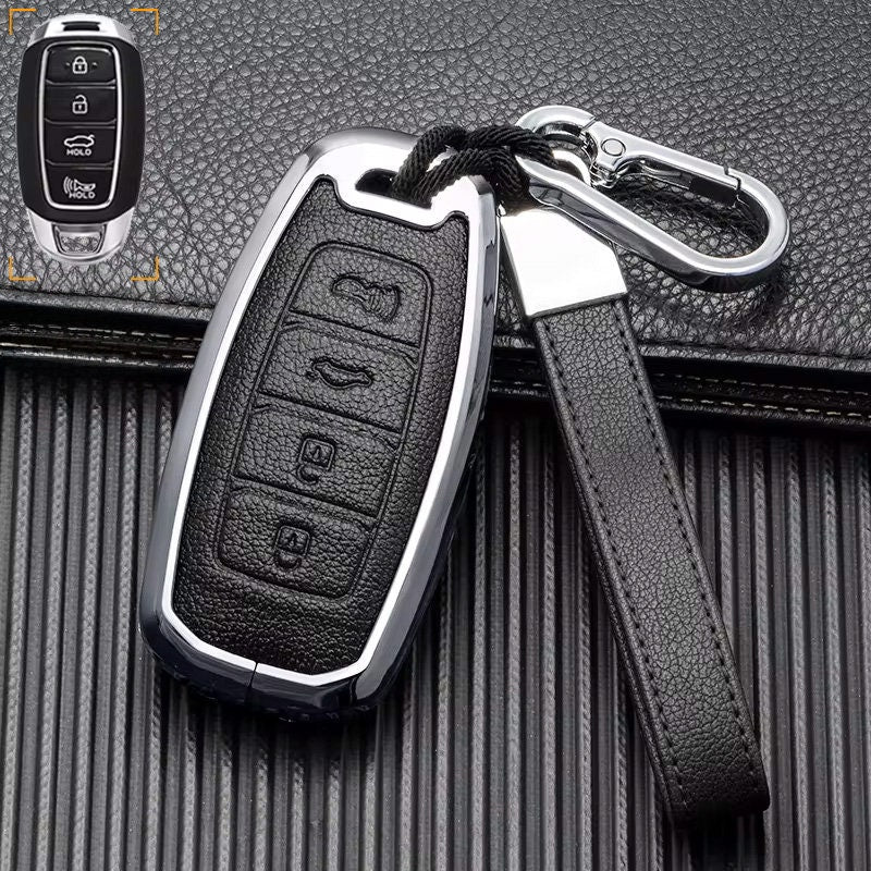 Customizable Leather and aluminum cover with keychain set for Hyundai (4 - Button Keyless) - Kollen US