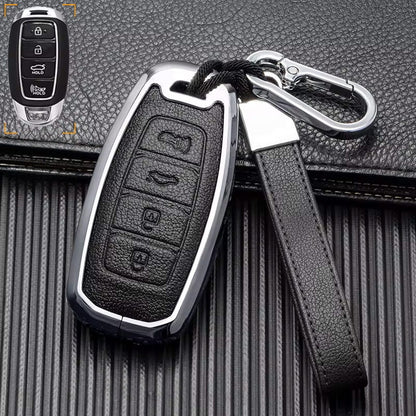 Customizable Leather and aluminum cover with keychain set for Hyundai (4 - Button Keyless) - Kollen US