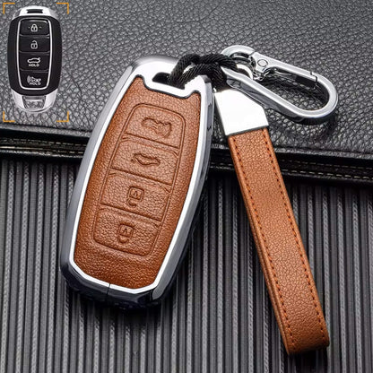Customizable Leather and aluminum cover with keychain set for Hyundai (4 - Button Keyless) - Kollen US