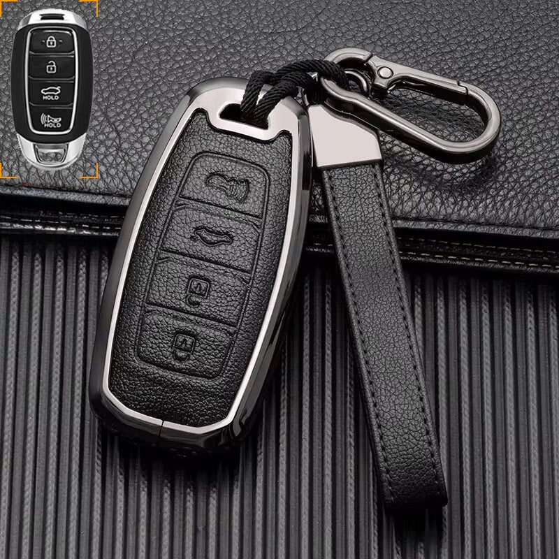Customizable Leather and aluminum cover with keychain set for Hyundai (4 - Button Keyless) - Kollen US