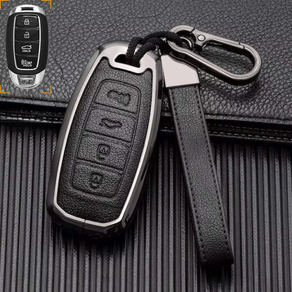 Customizable Leather and aluminum cover with keychain set for Hyundai (4 - Button Keyless) - Kollen US