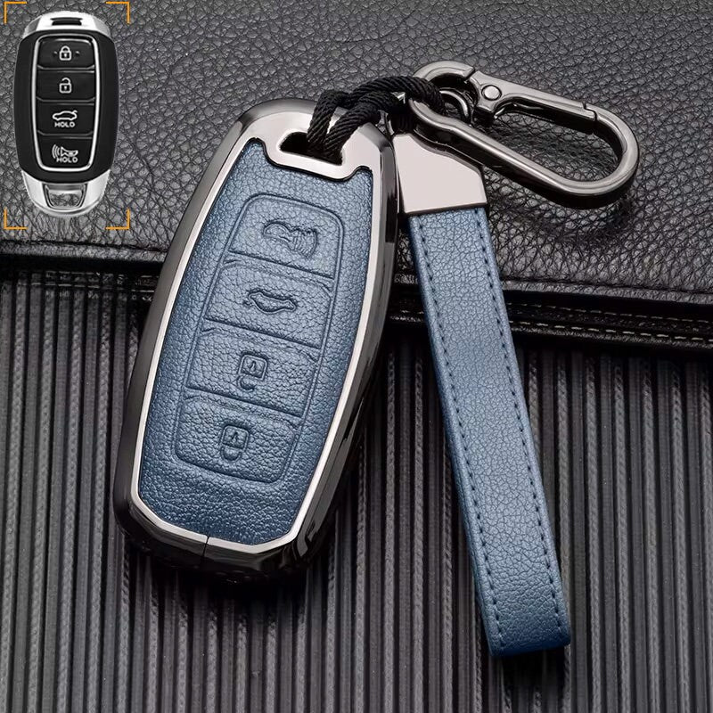 Customizable Leather and aluminum cover with keychain set for Hyundai (4 - Button Keyless) - Kollen US