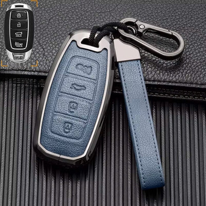 Customizable Leather and aluminum cover with keychain set for Hyundai (4 - Button Keyless) - Kollen US