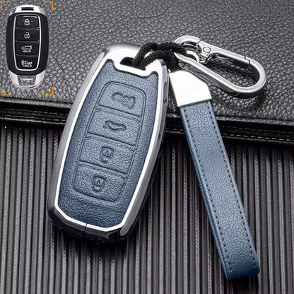 Customizable Leather and aluminum cover with keychain set for Hyundai (4 - Button Keyless) - Kollen US