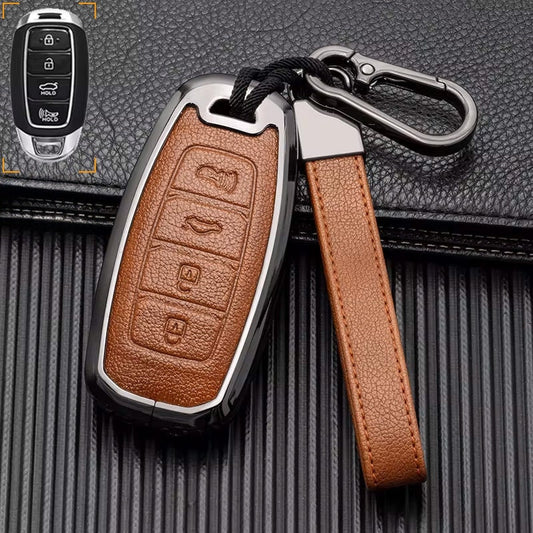 Customizable Leather and aluminum cover with keychain set for Hyundai (4 - Button Keyless) - Kollen US