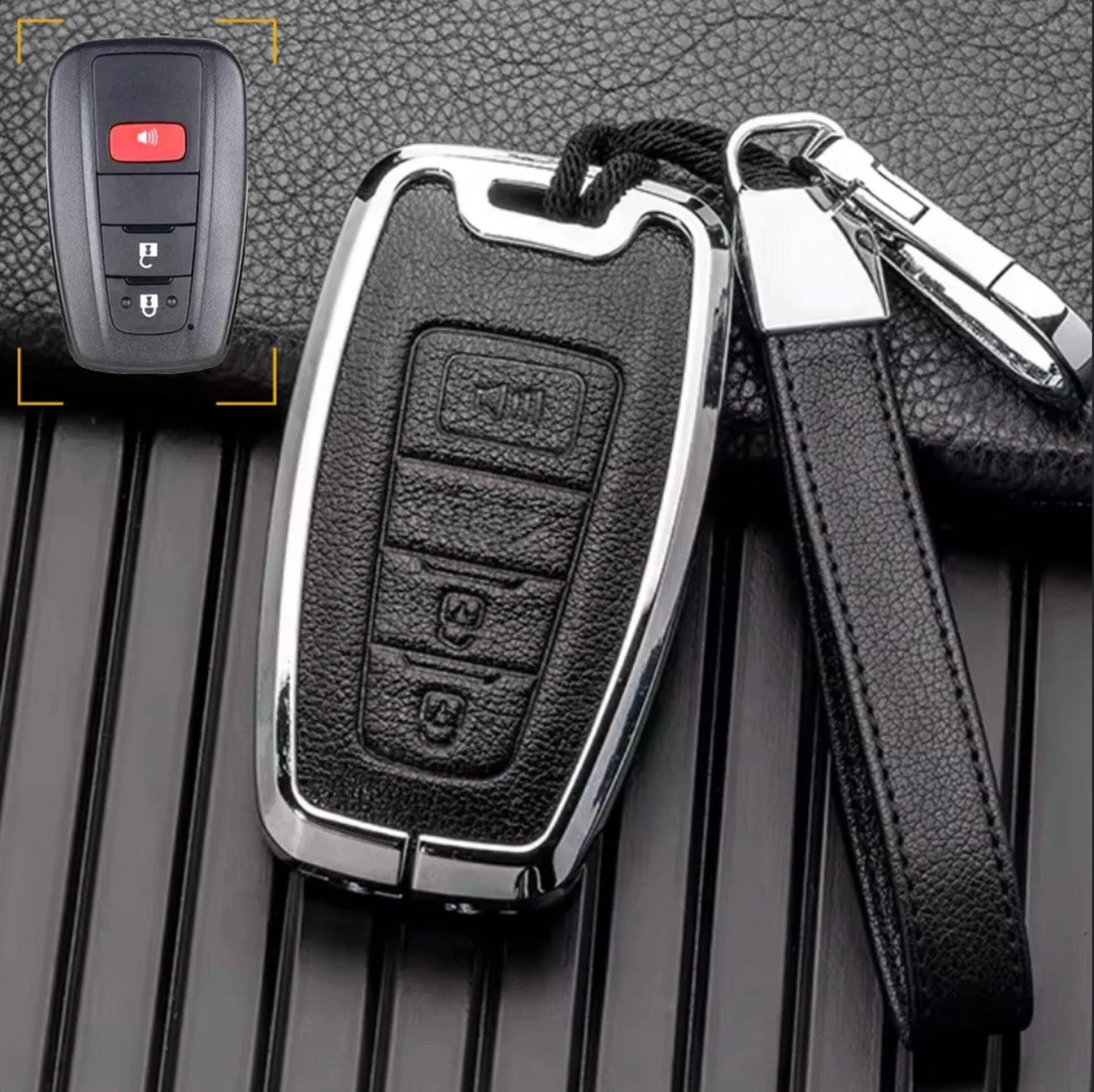 Customizable Leather & Aluminum Key Fob Cover with Keychain for Toyota (3 - button) - Kollen US