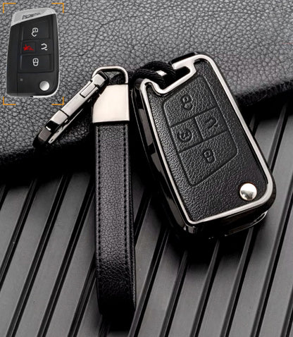 Customizable Leather & Aluminum Key Fob Cover with Keychain for VW Volkswagen (Flip key) - Kollen US