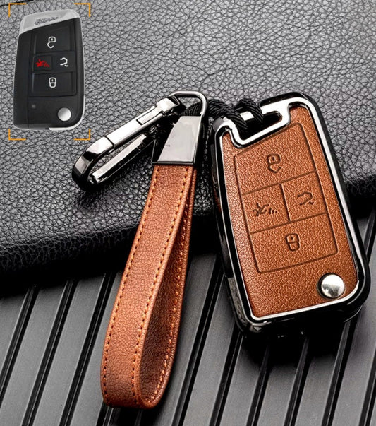 Customizable Leather & Aluminum Key Fob Cover with Keychain for VW Volkswagen (Flip key) - Kollen US