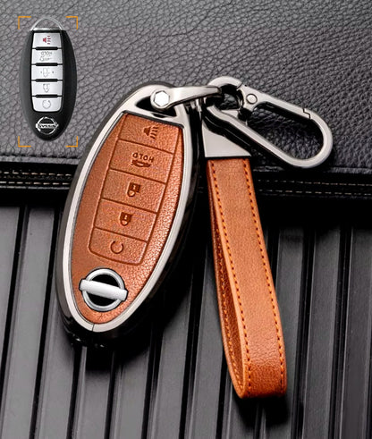 For Nissan  - Customizable Leather Key Fob Cover with Aluminum Shell & Keychain (5-Button)