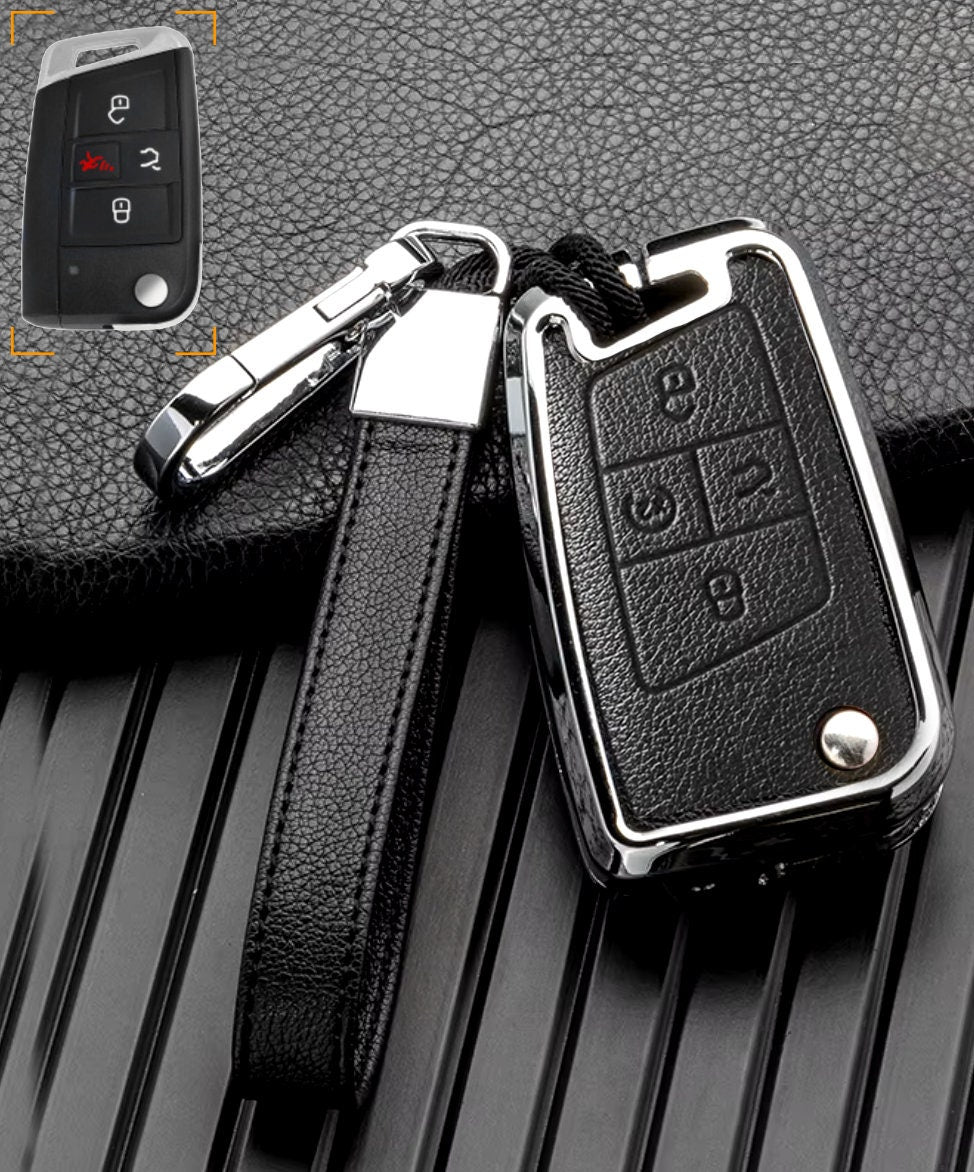 Customizable Leather & Aluminum Key Fob Cover with Keychain for VW Volkswagen (Flip key) - Kollen US