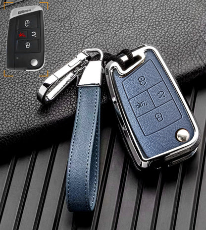 Customizable Leather & Aluminum Key Fob Cover with Keychain for VW Volkswagen (Flip key) - Kollen US