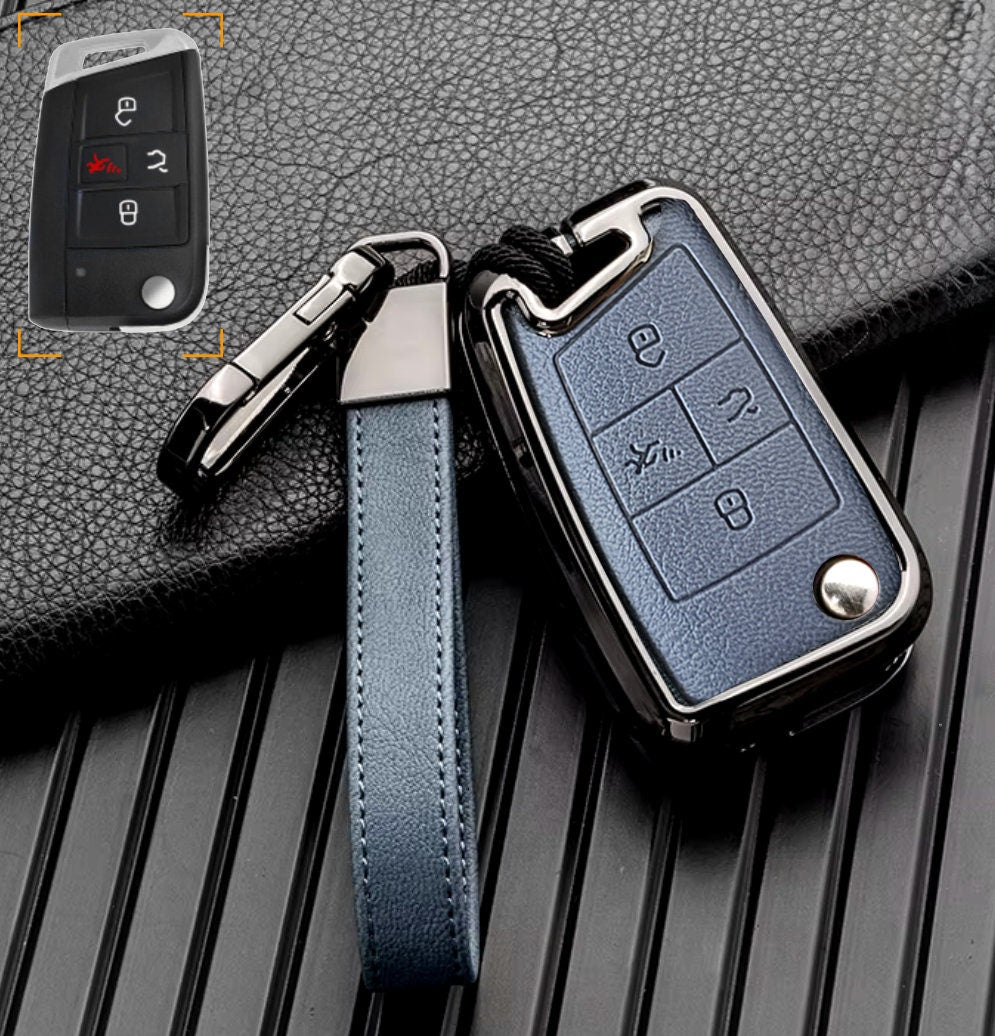 Customizable Leather & Aluminum Key Fob Cover with Keychain for VW Volkswagen (Flip key) - Kollen US