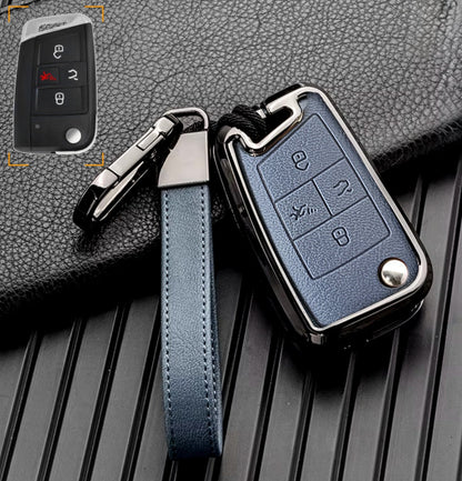 Customizable Leather & Aluminum Key Fob Cover with Keychain for VW Volkswagen (Flip key) - Kollen US