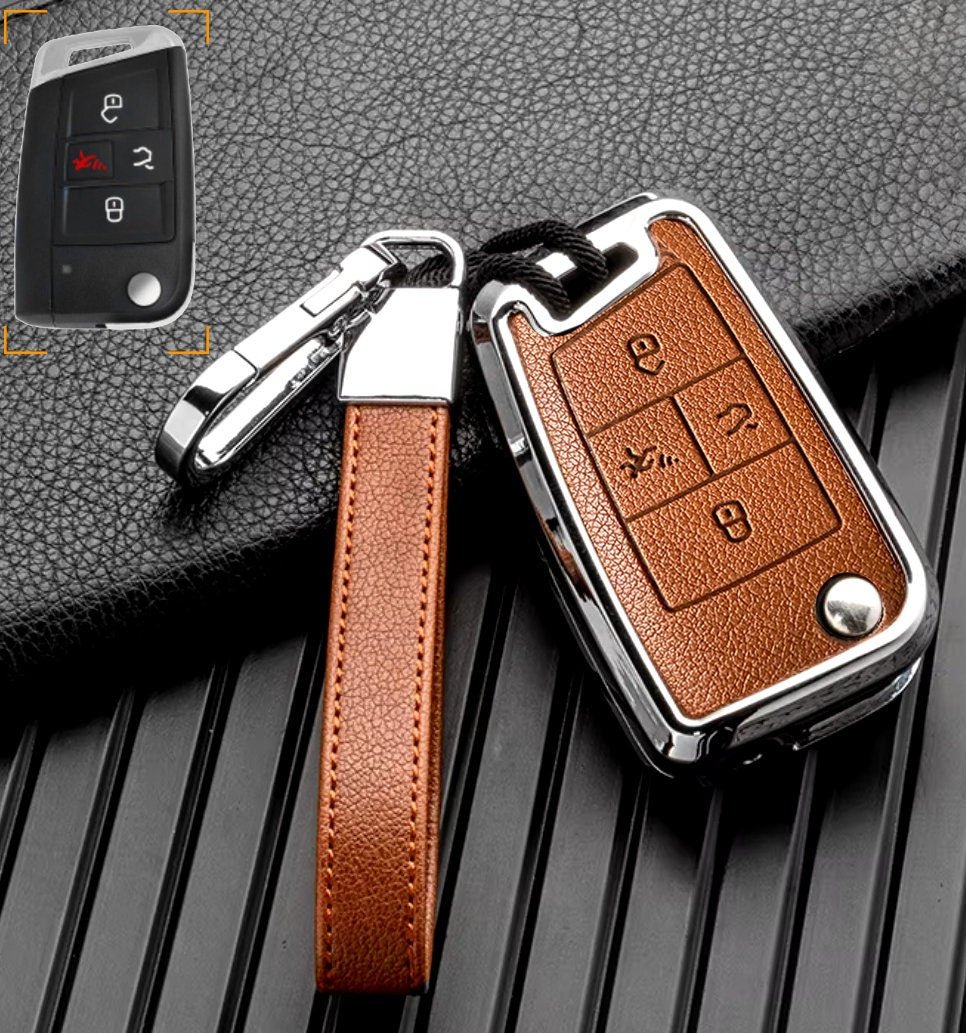 Customizable Leather & Aluminum Key Fob Cover with Keychain for VW Volkswagen (Flip key) - Kollen US