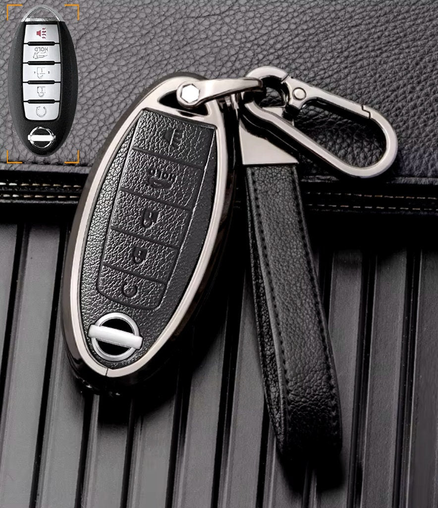 For Nissan  - Customizable Leather Key Fob Cover with Aluminum Shell & Keychain (5-Button)