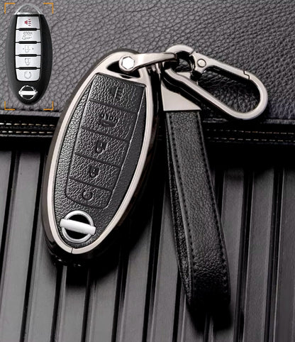 For Nissan  - Customizable Leather Key Fob Cover with Aluminum Shell & Keychain (5-Button)