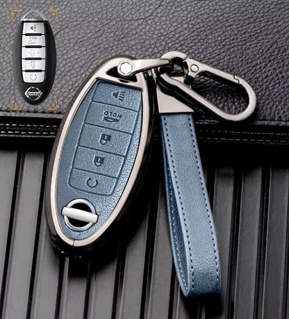 For Nissan  - Customizable Leather Key Fob Cover with Aluminum Shell & Keychain (5-Button)