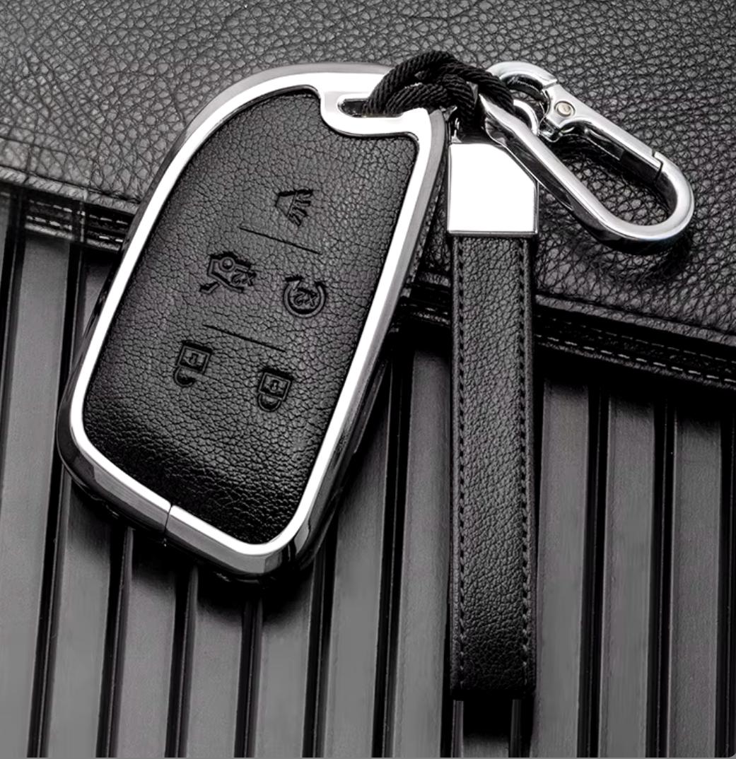 Customizable Leather & Aluminum Key Fob Cover with Keychain for Cadillac (A - 5 - Button) - Kollen US