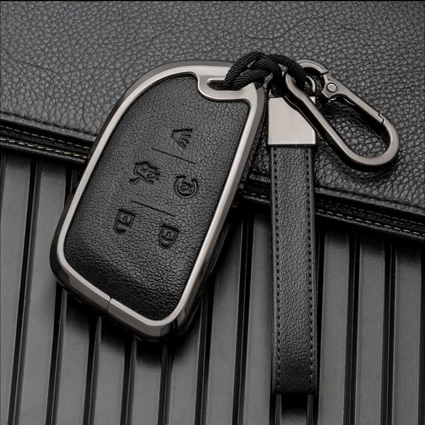 Customizable Leather & Aluminum Key Fob Cover with Keychain for Cadillac (A - 5 - Button) - Kollen US