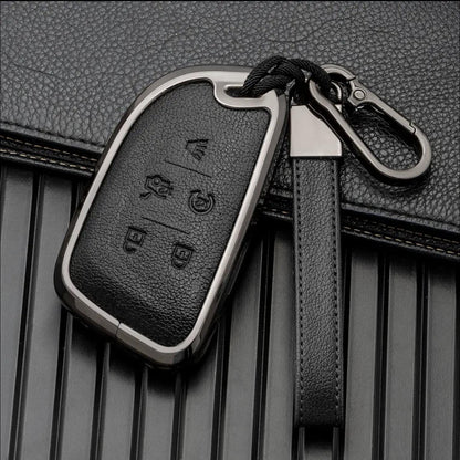 Customizable Leather & Aluminum Key Fob Cover with Keychain for Cadillac (A - 5 - Button) - Kollen US
